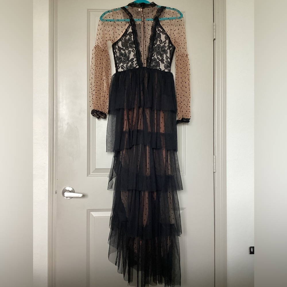 Chic Black and Tan Lace Long Sleeve Dress - Picture 3 of 9